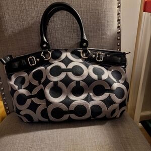 Coach Signature 18608 OpArt Black Silver Sateen Satchel Handbag Purse Black